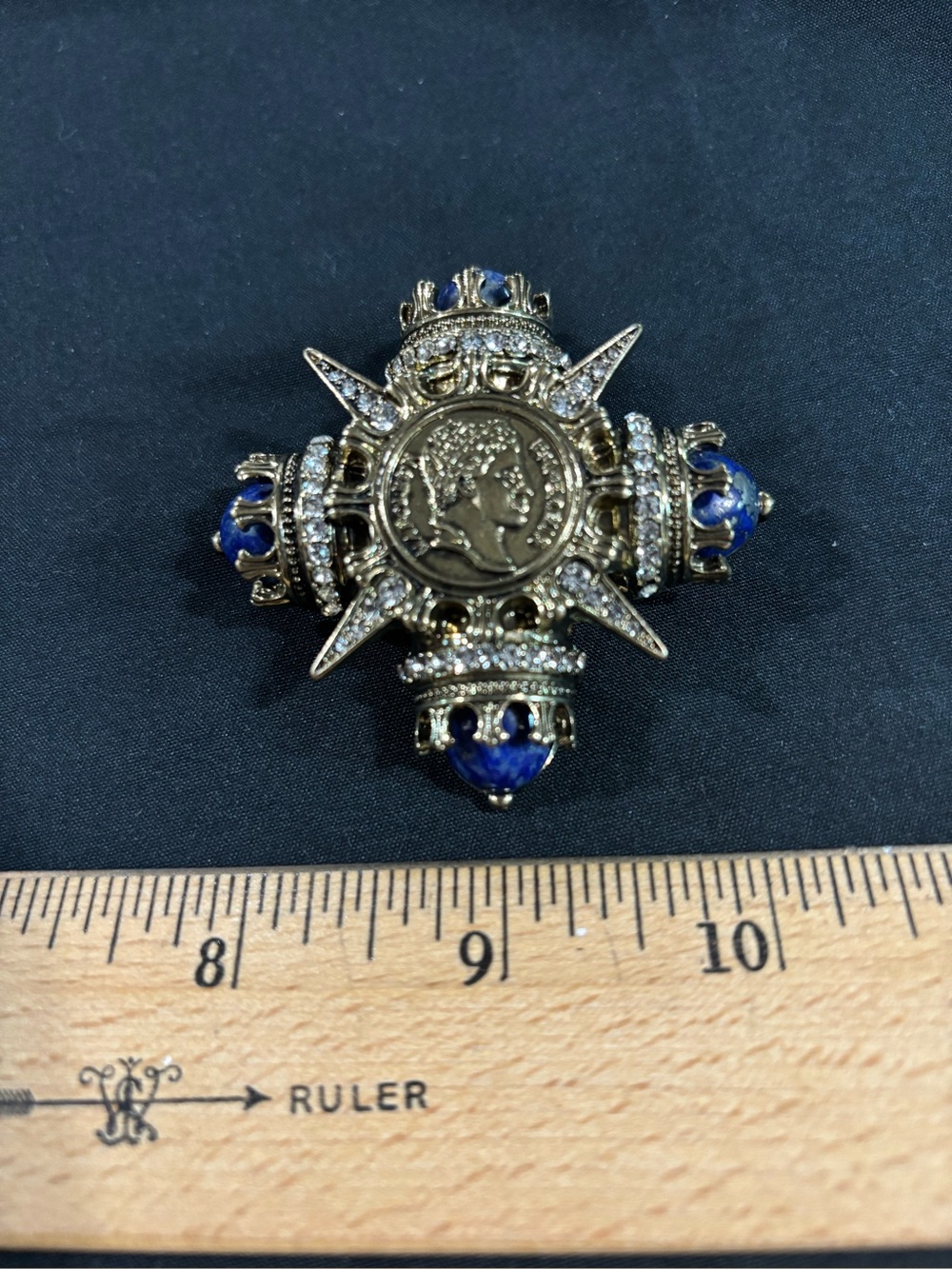 MONET VINTAGE LAPIS COIN BROOCH PIN GORGEOUS PIECE EUC GOLD TONE
